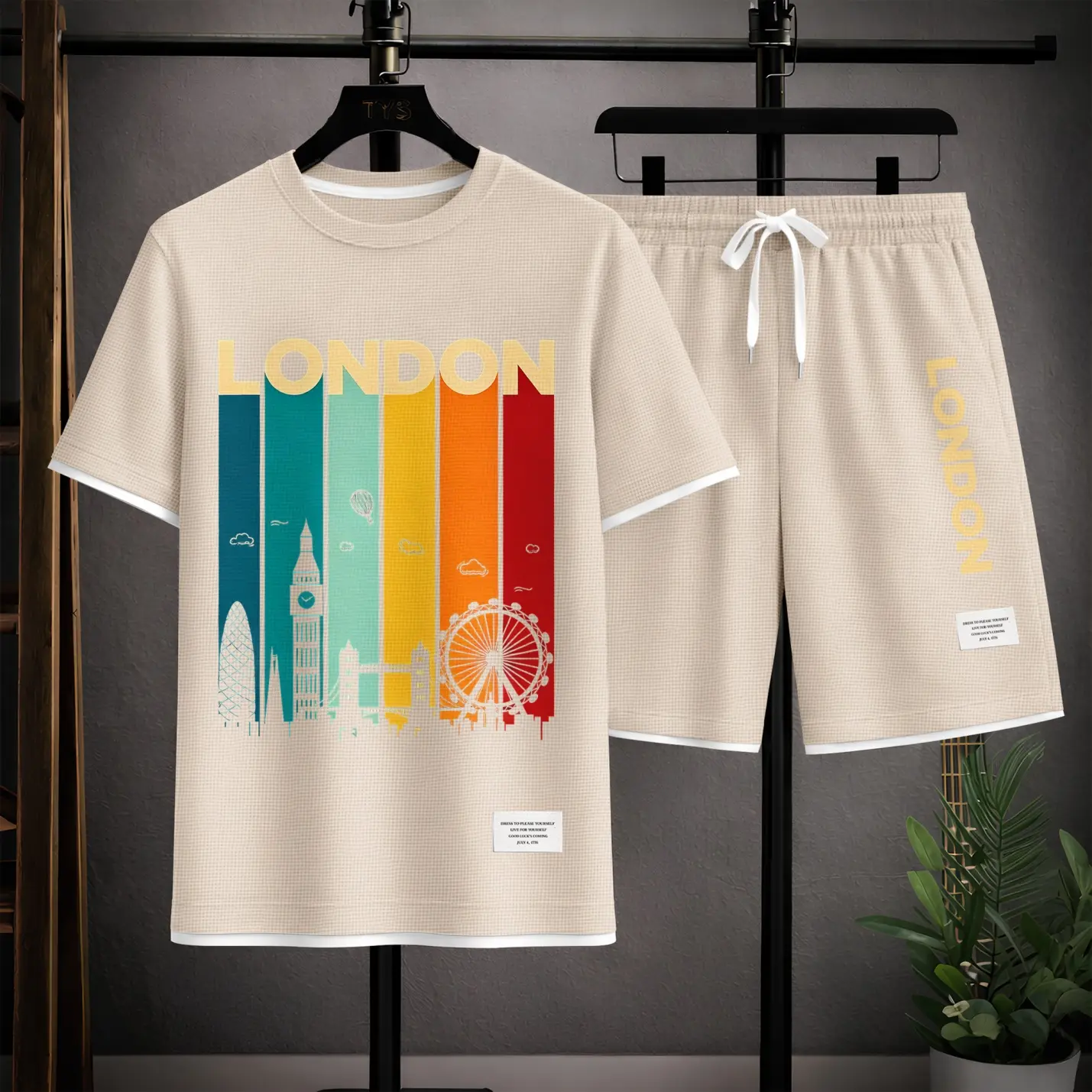 Men’s London Graphic Textured 2-Piece Menswear Set - Crew Neck Short Sleeve T-Shirt, Drawstring Shorts, Minimalist Casual Loose Fit Summer Outfit, Lightweight Breathable Streetwear, Machine Washable/Dry Clean for Travel, Daily Wear