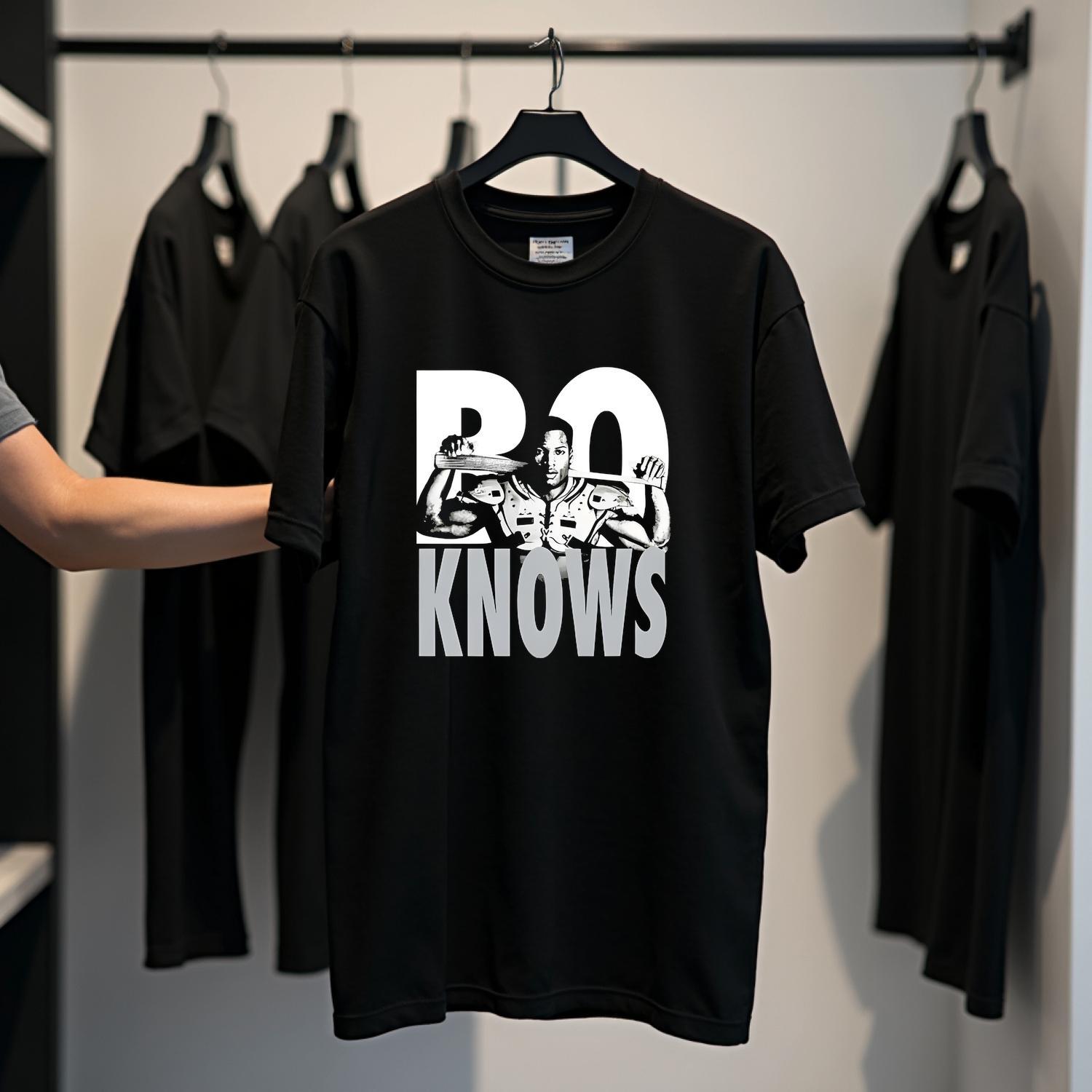 Bo Knows Raiders Player Silhouette And Bo Design Print Fashion Tee For Men Women Couples Street Style Short Sleeve  Shirt Ultra Soft Breathable Crew Neck Summer Casual Wear Sizes S To XXXL Golf Gift T-Shirt For Men And Women