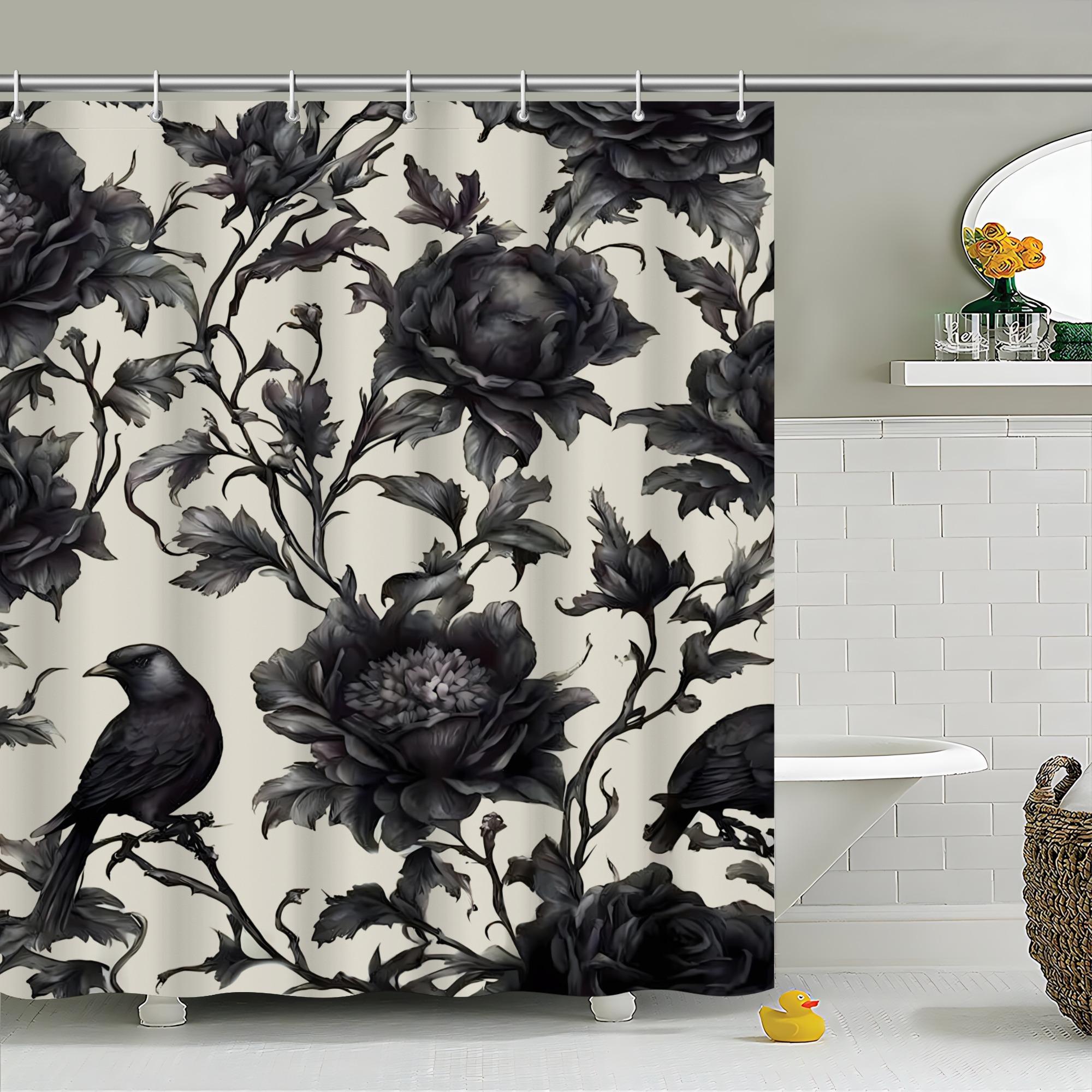 Black White Gothic Crow Shower Curtain, Floral Botanical Bath Curtain, Machine Washable Polyester with Hooks, Modern Bathroom Decor