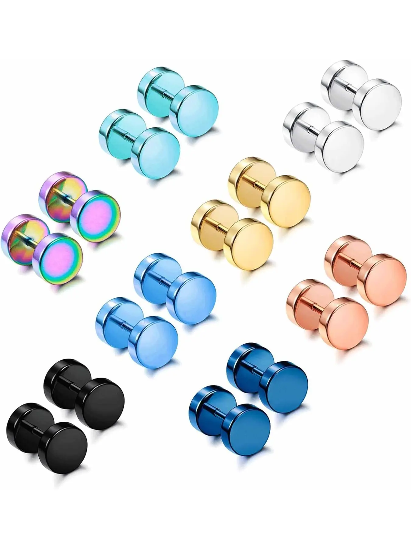 8 Pairs Dot Stud Earrings for Men Women Surgical Steel Screw Flat Back Earrings Multicolor Faux Gauges Ear Plug Tunnel Disc Mens Stud Earrings Piercing Set 4mm/6mm/8mm