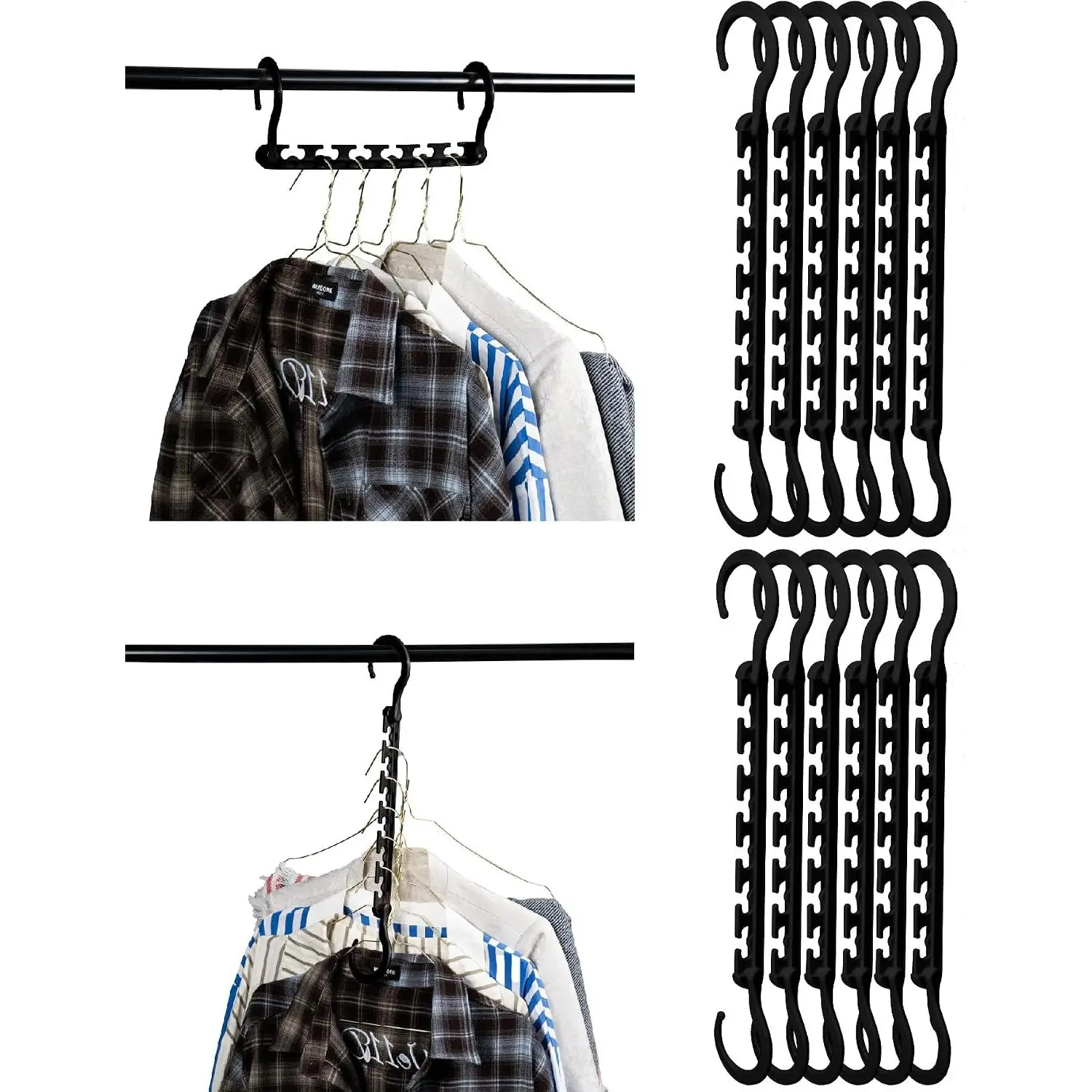 Modern Compact Plastic Multi-Slot Clothes Hangers for Closet Use, 12-Count Black, 6 Slots, 360° Rotating Hooks, Vertical Space Saving Design