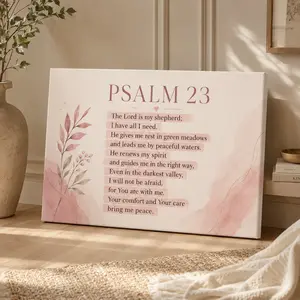 Psalm 23 Christian Canvas Wall Art, Blush Pink Scripture Poster, Bible Verse Wall Decor, Faith Inspired Living Room Bedroom Decor, Inspirational Religious Art, Unframed Canvas Poster or Framed Canvas Wrap