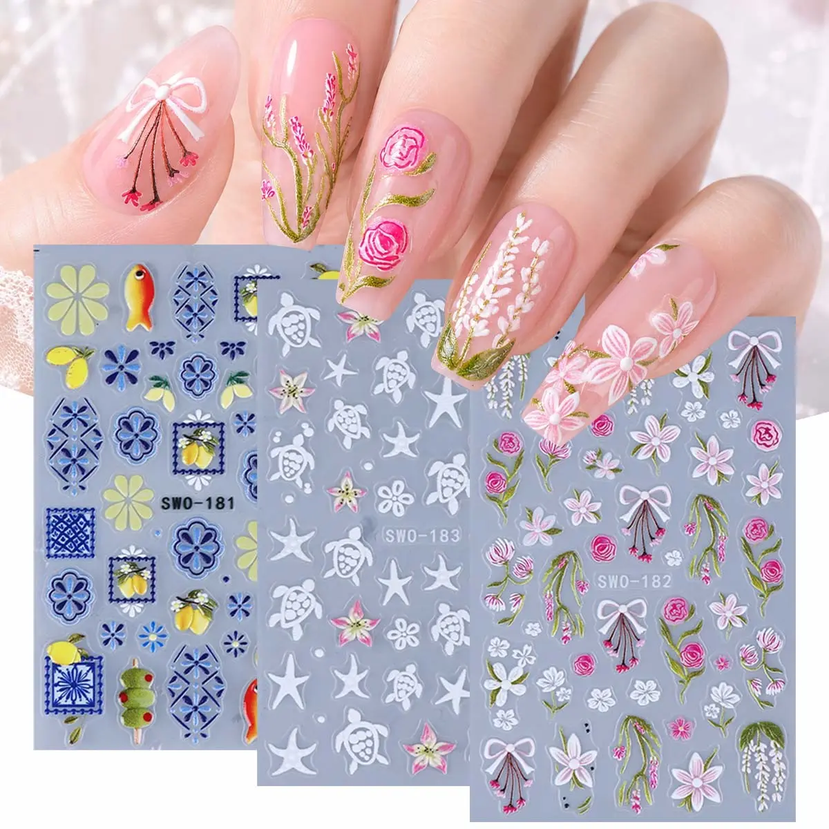 3 Pcs Nail Art Stickers, Floral Lemon Starfish Turtle Design, Flower Design Nails, DIY Self-Adhesive Nail Decals, Spring Summer Manicure Decor for Women and Girls