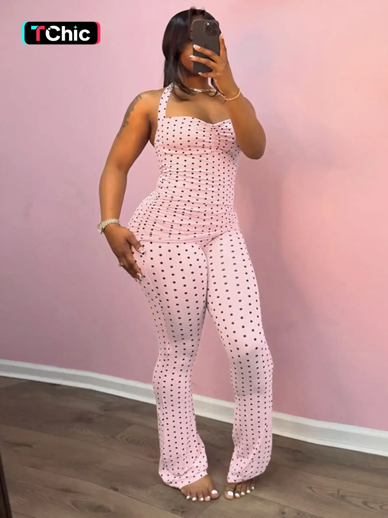 Women's Summer New Polka spaghetti strap sleeveless top Long Pants Set Clothes, Slim Fit Comfortable Fashion Design, Perfect for Beach and Daily Outing