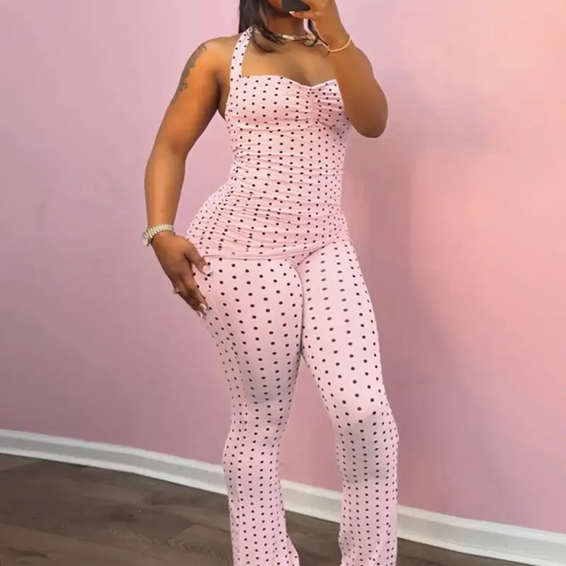 Women's Summer New Polka Dot Sleeveless Top and Long Pants Set, Slim Fit Comfortable, Fashion Design, Casual Fitted Set, Perfect for Beach and Daily Outing Two Pieces Sets