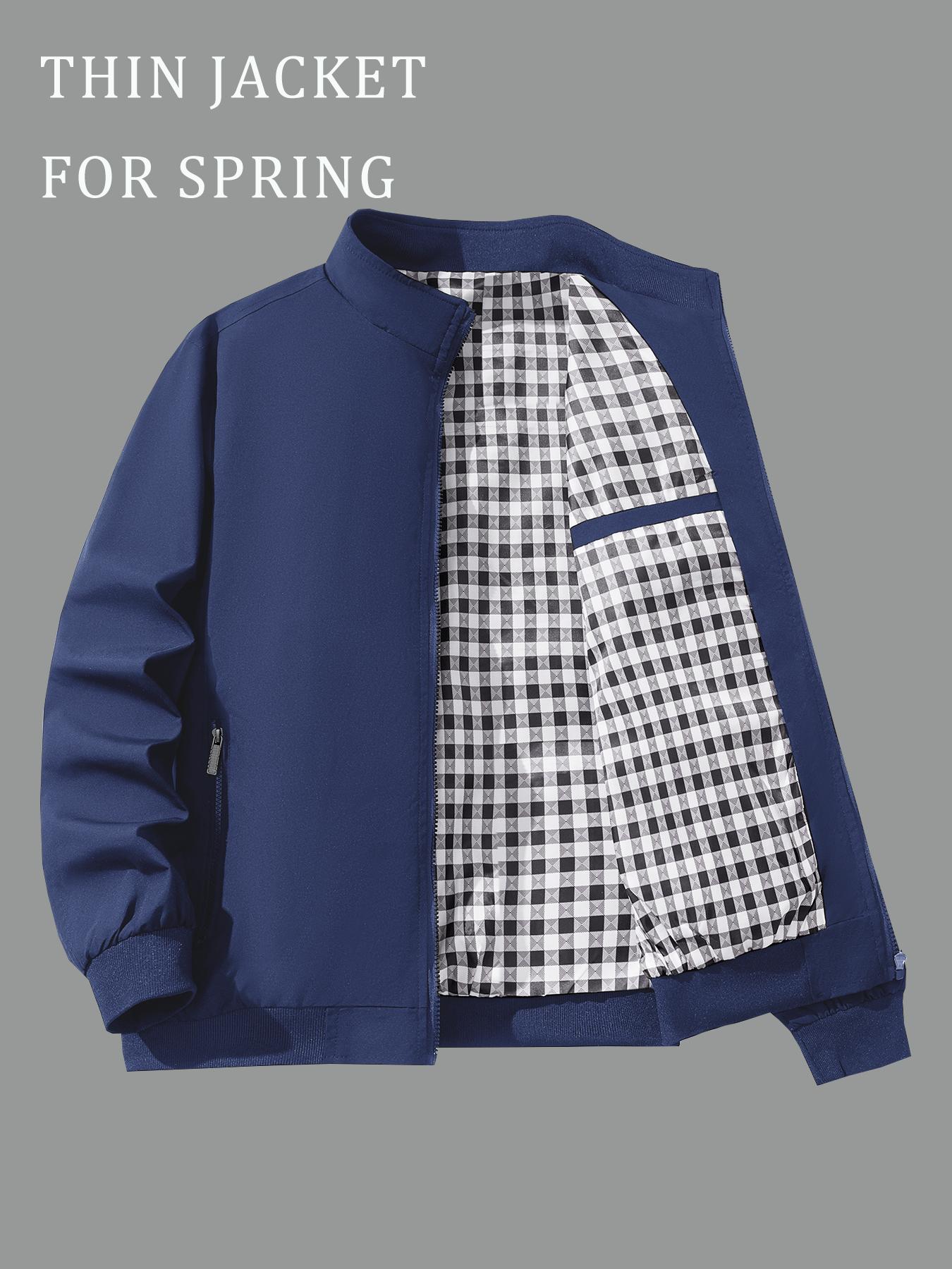 Men's Solid Color Plain Zip Up Thermal Lined Jacket Coats, Regular Fit Fitted Casual Long Sleeve Short Outerwear for Fall & Winter, Men's Clothes for Daily Wear