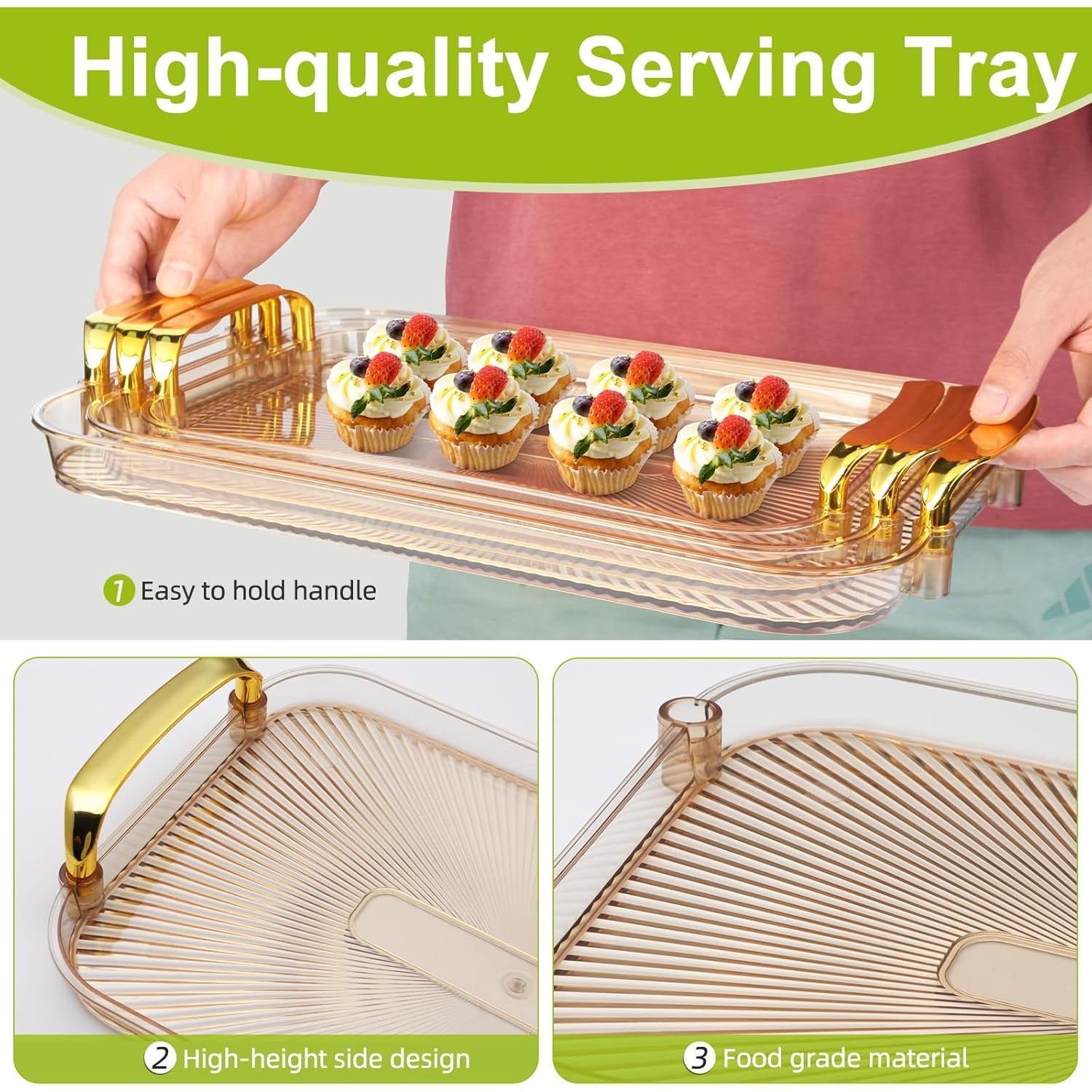 3 Pack Serving Tray with Handles, Stackable  Trays for Serving , Plastic Serving Platters for Party, Charcuterie, Fruit, Appetizer,