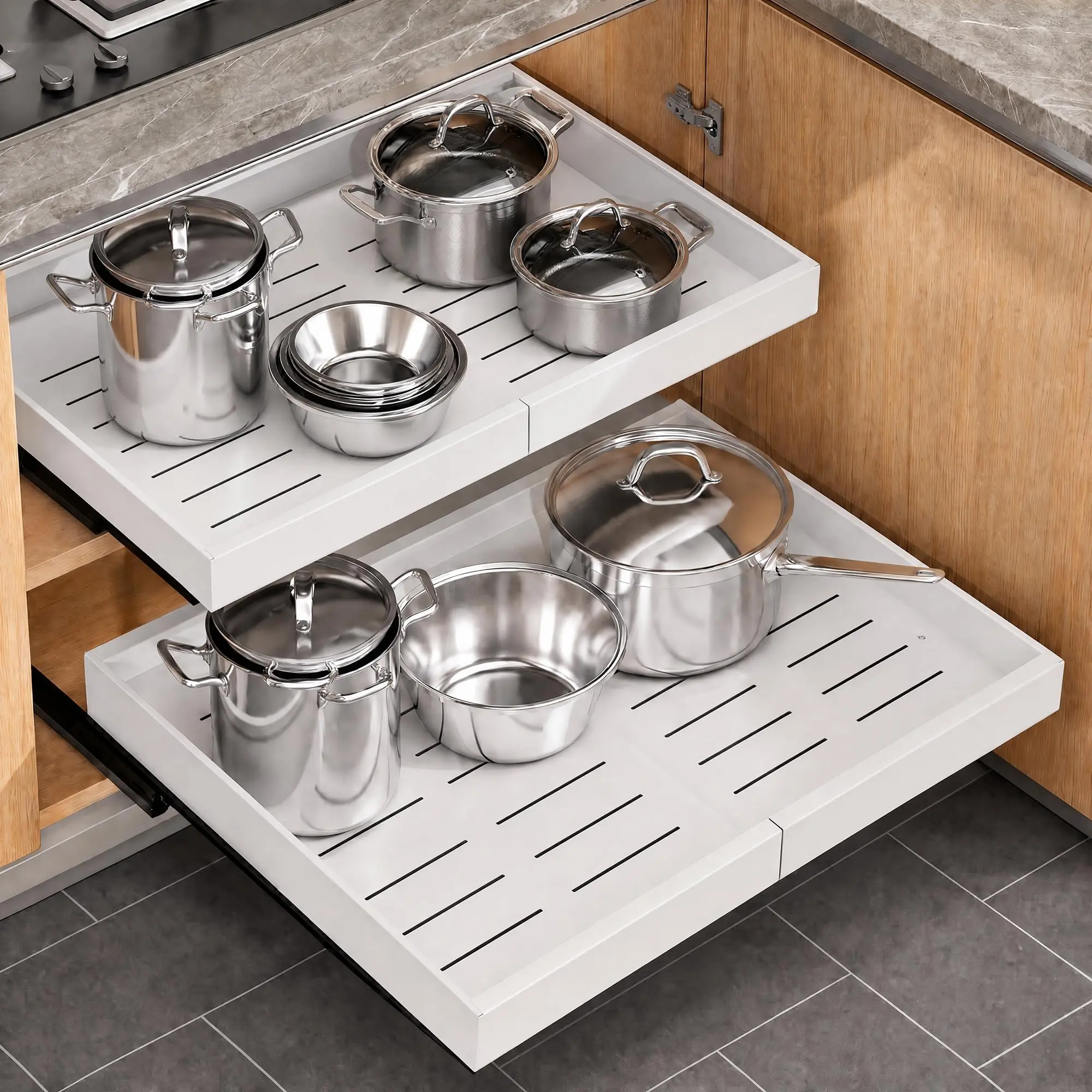 Heavy Duty Carbon Steel Pull Out Cabinet Organizer 2-Pack – Adjustable Slide-Out Drawer, Renter Friendly, Ideal for Kitchen, Pantry, Bathroom,
