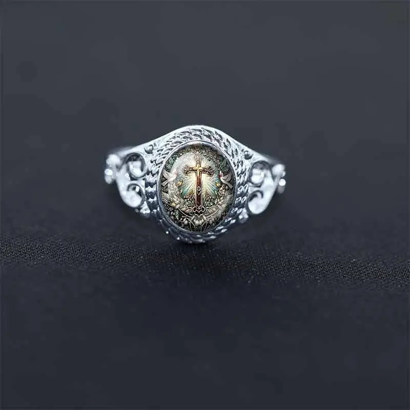 Alloy Dove & Cross Statement Ring for Women - Vintage Floral Illustration, Faith-Inspired Adjustable Band, Inspirational Everyday Casual Jewelry for Casual Outfits and All-Seasons Wear