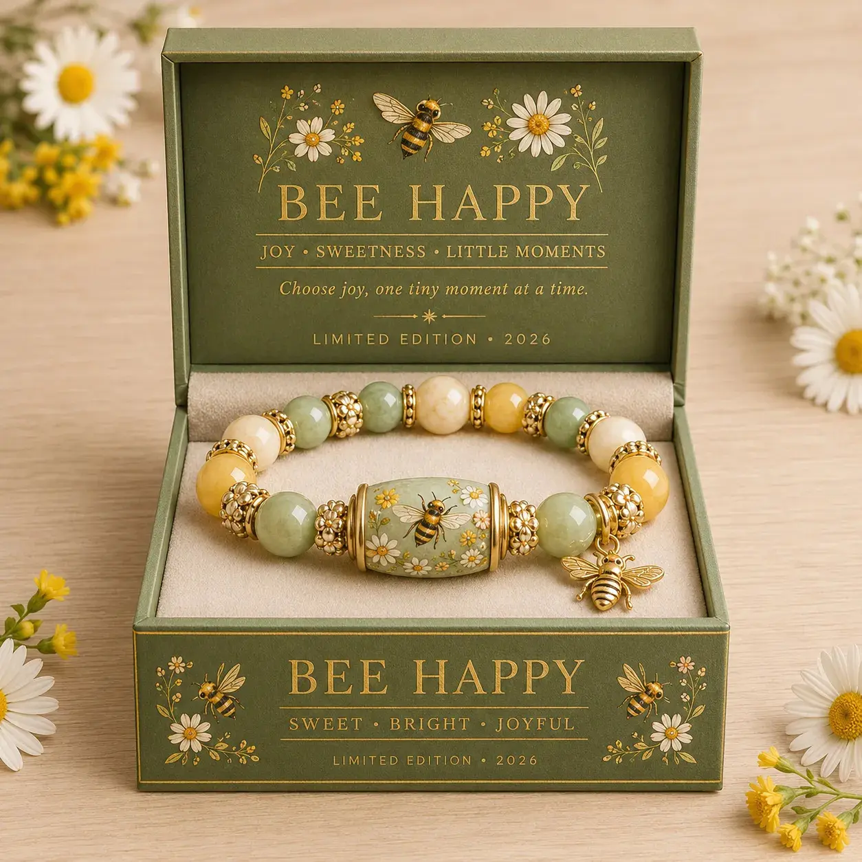 Handmade Look Lucky Charm Bracelet for Men & Women, Elastic Plastic Beads with Bees & Flowers Design, Gift Boxed, Unisex Wear, Charm Bracelets, Animal Motifs