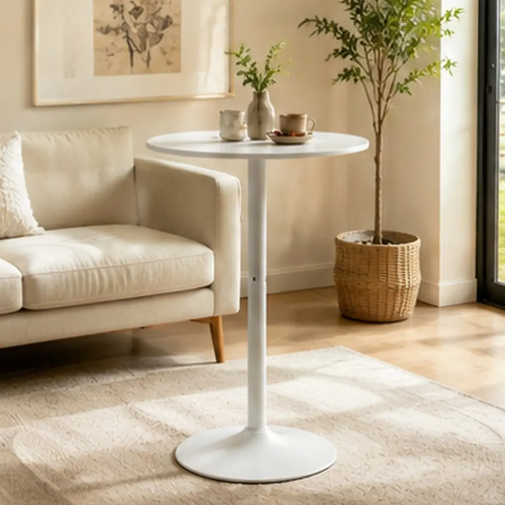 ARCH White Round Bar Table 24in Modern Dining Table MDF Iron Matte Base Small Space Kitchen Coffee Table Home Bar Furniture Pedestal Design Easy Assembly, White Color Options, MDF+Iron Material, Classic Style, Product Dimensions: 24.00 W x 24.00 D