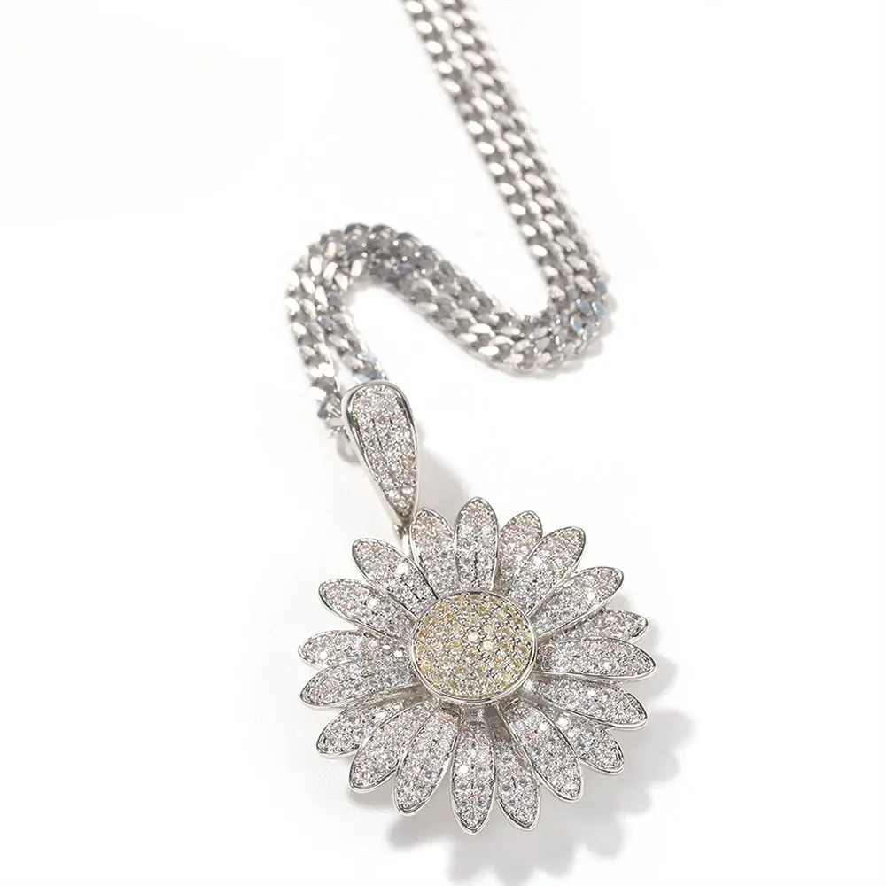 Rotatable Sunflower Full Iced Out Zircon Pendant Necklace For Men Women, Hip Hop European American Street Dance Rap Trend Statement Jewelry, Stackable Cuban Chain Accessory, Ideal Gift For Nightclub Party Birthday Holiday