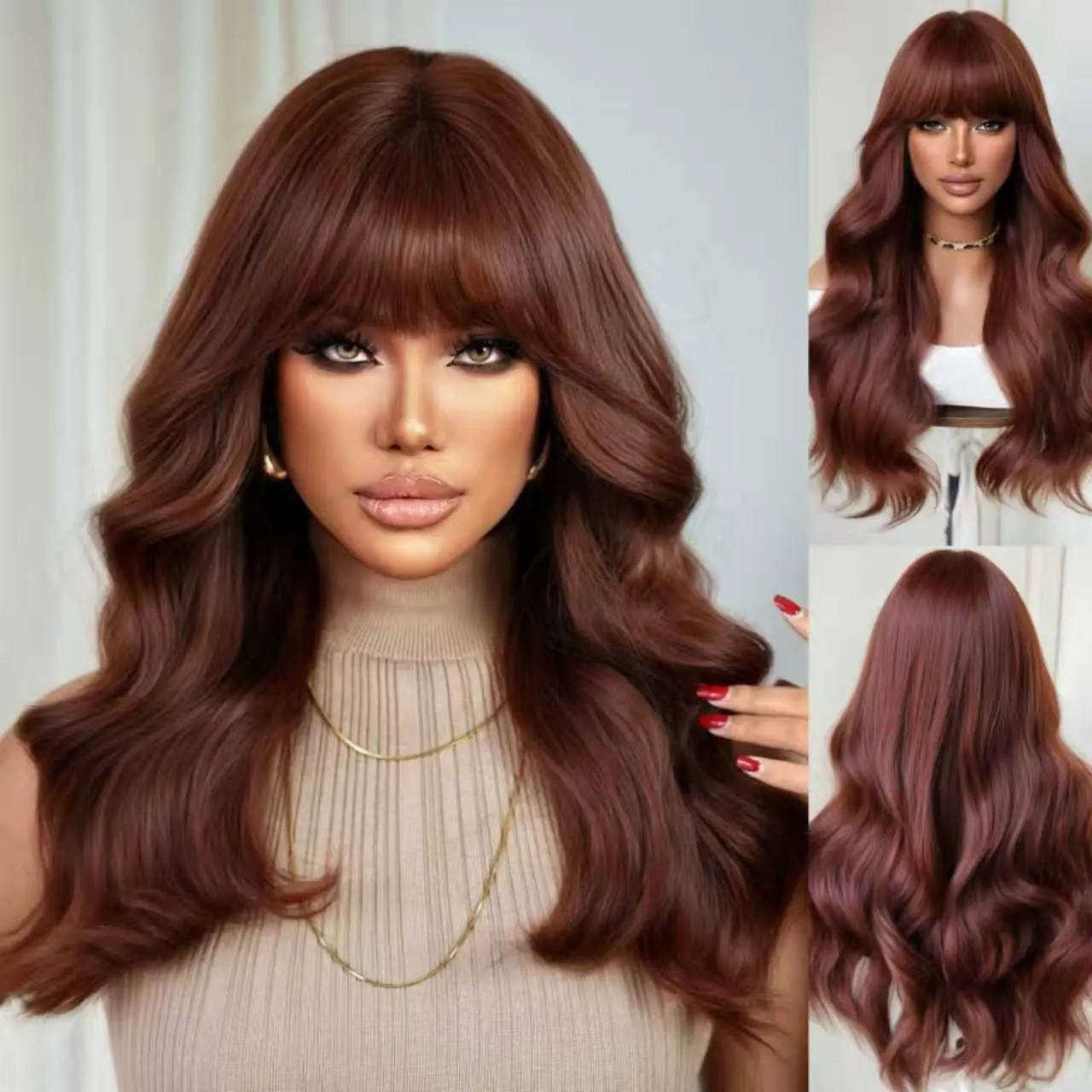 Women's 24-in Synthetic Full Machine Wig, Caramel Burgundy Body Wave with Full Bangs, Heat-Resistant Loose Waves Hair, Prevents Tangles for Daily Wear & Parties, Synthetic Hair, Heat Resistant Wig, 24 Inch Long, All-Season Versatile Wearing, Mid-Length, R