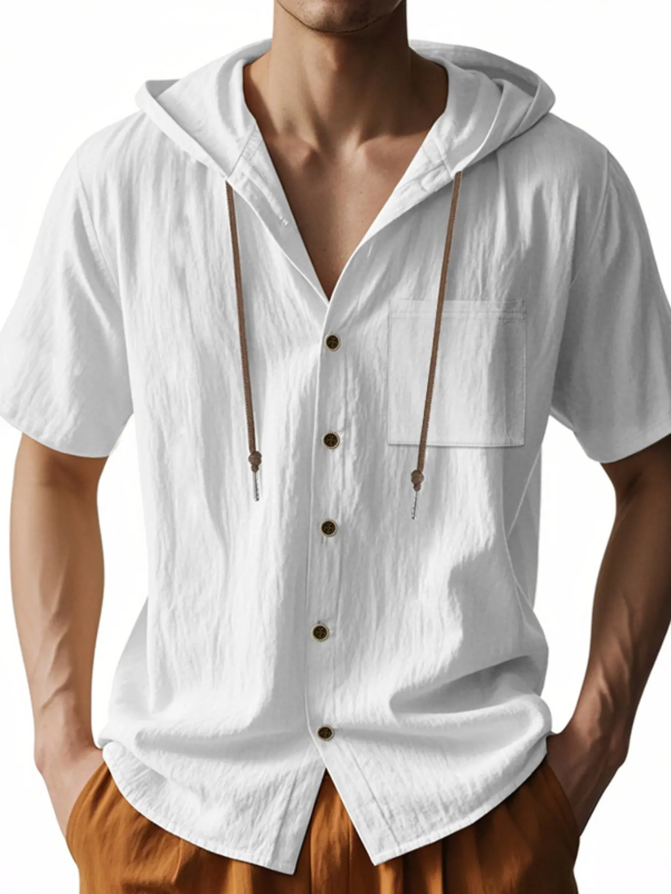Men's 8 Colors Plain Linen Hooded Shirt, Short Sleeve Button Down Drawstring Hoodie Tops, Lightweight Breathable Casual Summer Beach Shirts with Chest Pocket