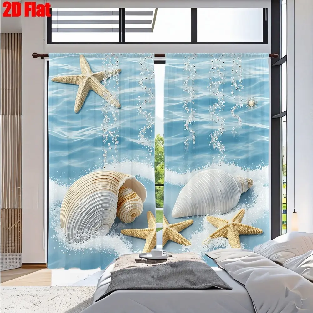 2D Flat 2Pcs Ocean Waves Starfish Seashell Print Curtain with Bubbles, Summer Beach Theme, 2D Digital Printing, Coastal Nautical Style, All-Season Curtains for Home Living Room Bedroom Bathroom Kitchen Window Decoration