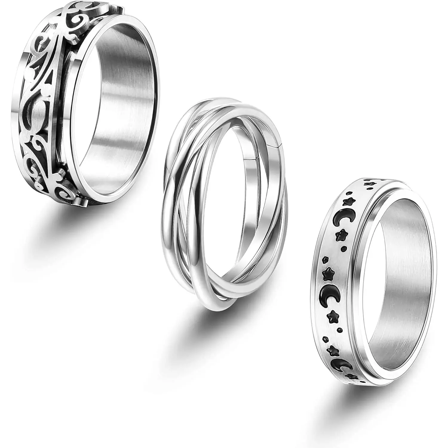 3 Pcs Triple Interlocked Moon Star Spinner Rings for Women, Stainless Steel Rolling Fidget Band Stress Relief Ring Dainty Wedding Promise Stack Jewelry Gift