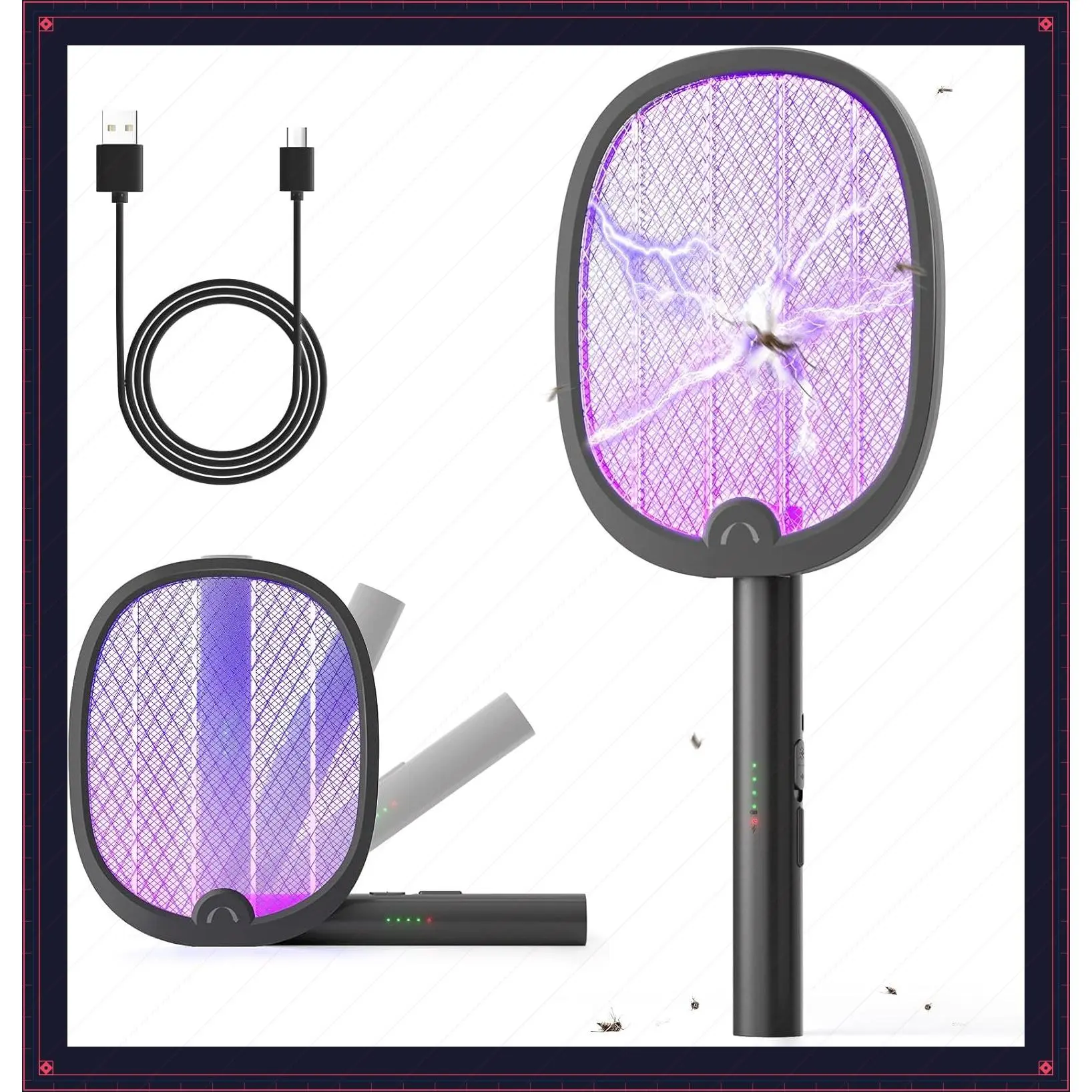 2-in-1 Electric Fly Swatter - Foldable Bug Zapper Racket with Purple Attractant Light, Rechargeable 1800mAh Mosquito Killer for Indoor, Backyard, Patio & CampingGift