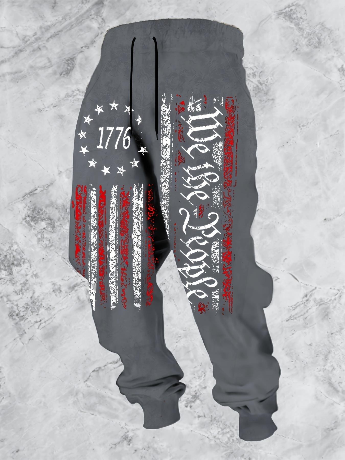 Men's patriotic 1776 flag and Declaration of Independence printed running pants - casual sports ankle pants with drawstring, machine washable polyester fiber, perfect for celebrating