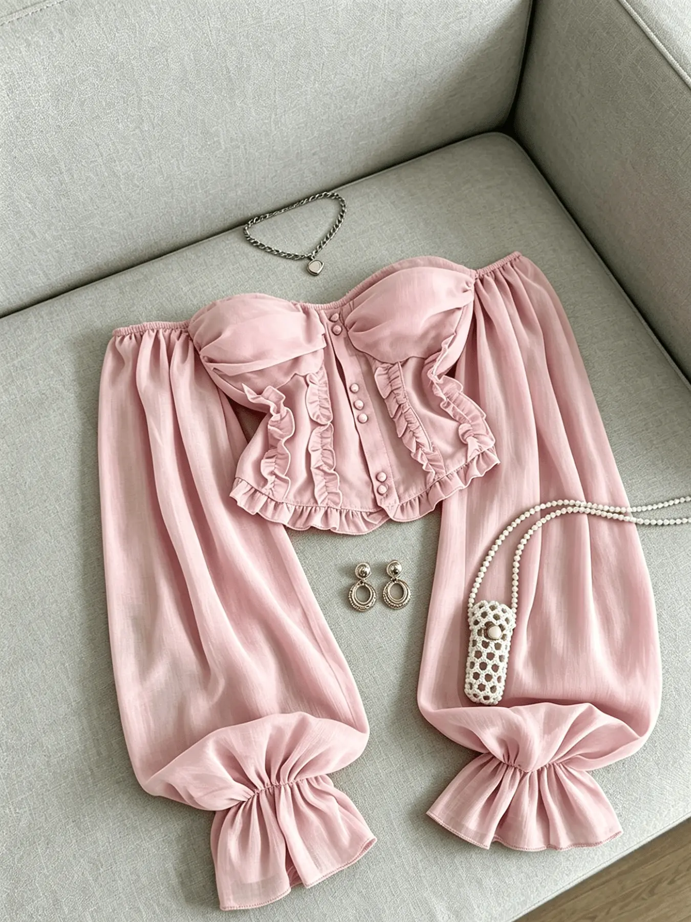 A women's cute fashionable off shoulder lotus leaf side length sleeve short shirt with a single breasted slim fit, lantern sleeves cover the flesh and make you look slimmer, suitable for commuting to work, shopping and outdoor wear