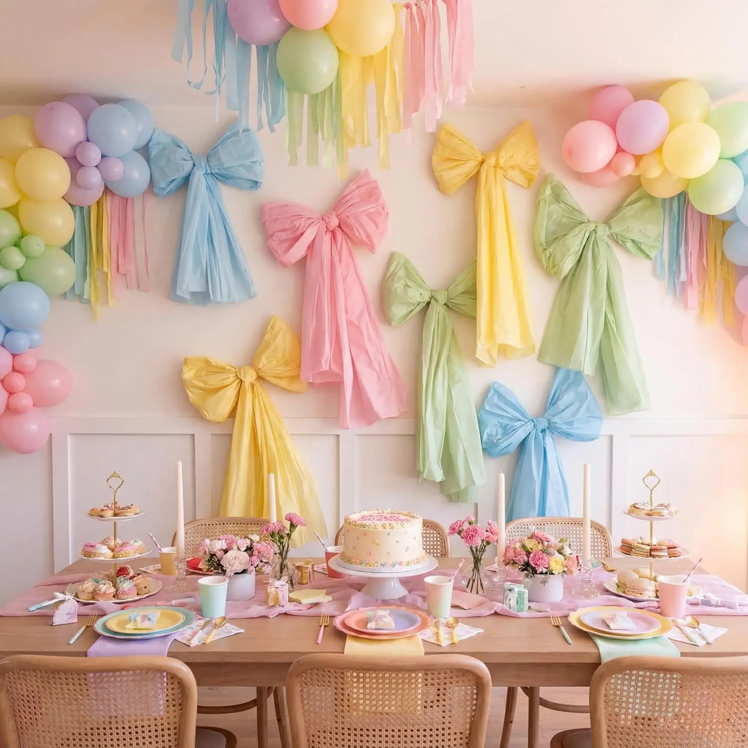 12 Pcs Colorful Plastic Macaron Hues Giant Wall Bows, 54x108 in Oversized Ribbon Decor - DIY Backdrop, Wreath Accessory for Graduation, Baby Shower, Classroom Bulletin Board Hanging Decor