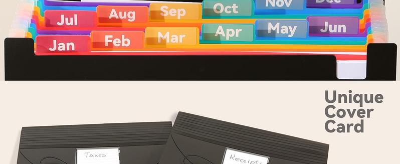 Accordion File Organizer 12 Pockets, Monthly Bill Receipt Tax Organizer, Expanding File Folders with Larger Bright Tabs, Fits Letter/A4 Size  Black