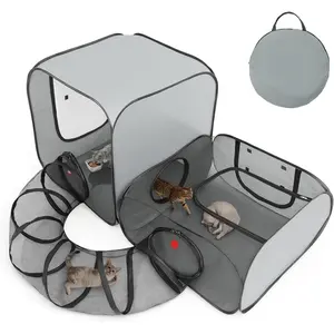 Playpen, 3-in-1 Pop-up Outdoor  Enclosure with 2 Rooms 1 Tunnel, Breathable  Playpen for Indoor Outdoor Use, Portable Catio Tent with Carry Bag for Kitten  Small , Gray