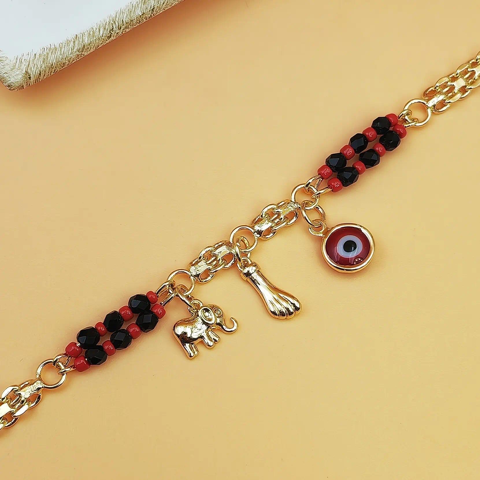 Boho Red & Black Beaded Elephant Charm Bracelet, Gold Plated Copper Evil Eye Symbol & Elephant Pendant, Perfect for Parties, Music Festivals & Year-Round Wear, Ideal Bohemian Gift for Her