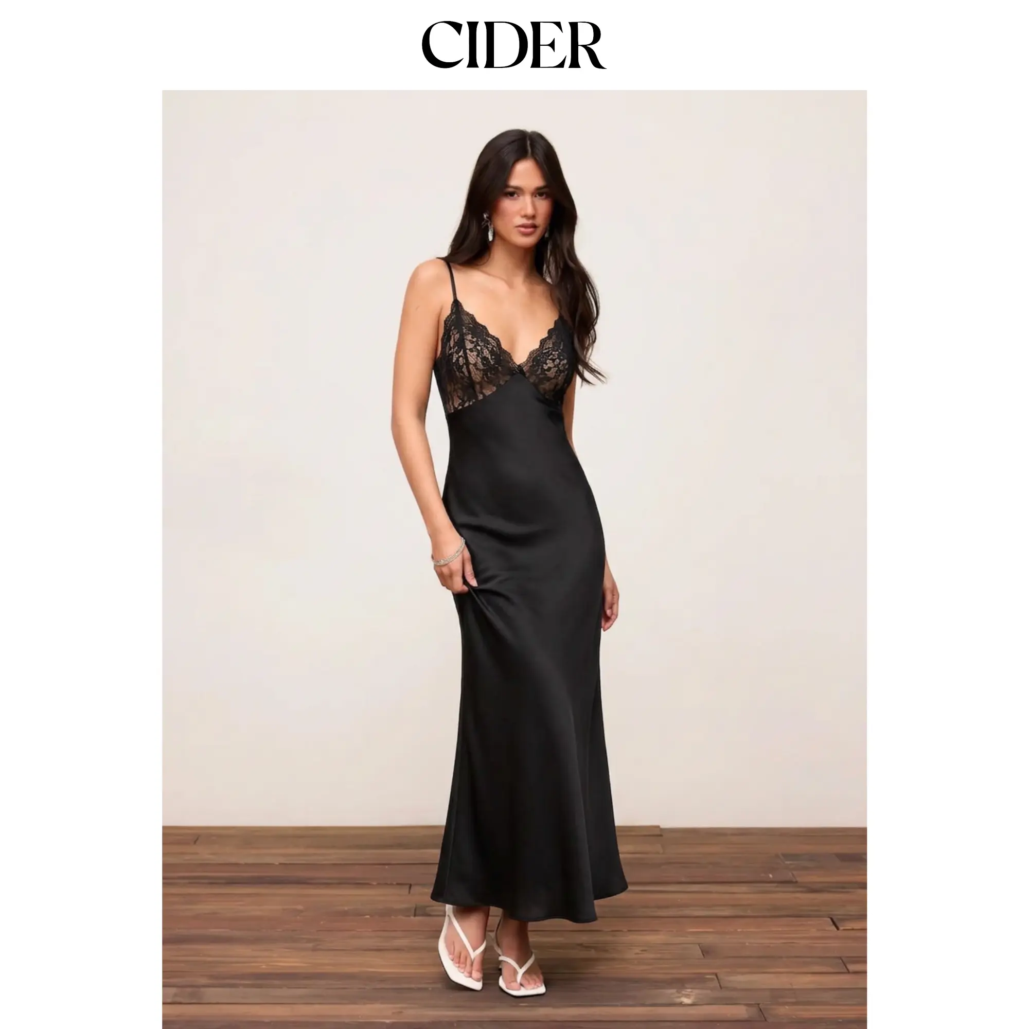 Cider Satin V-Neck Lace Panel Mermaid Maxi Dress