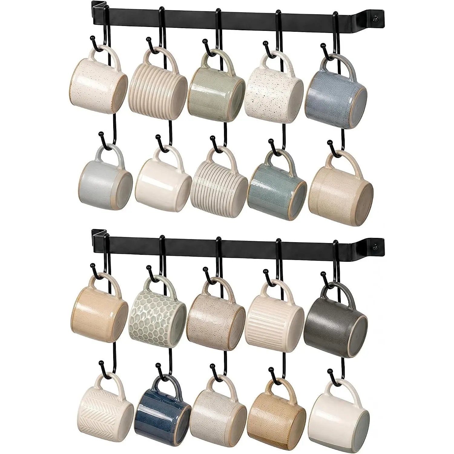 17" Coffee Mug Hook Rack Wall Mounted Set of 2 | Black Metal  Cup Holder Hanger Organizer 10 Hooks, Kitchen Rail Utensil Rack for Dining Room Coffee Bar