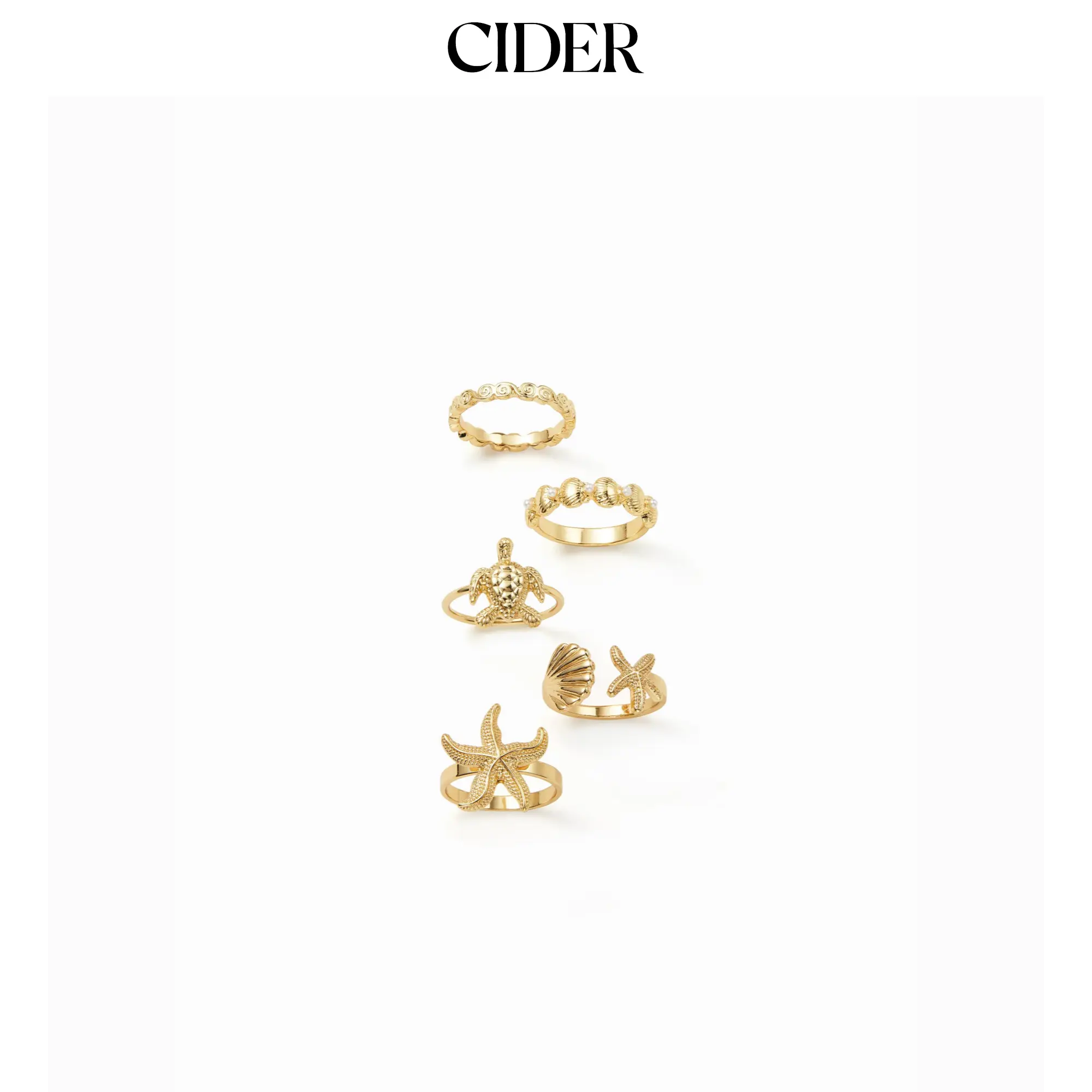 Cider 5PCS STARFISH & SHELL & TURTLE RING SET