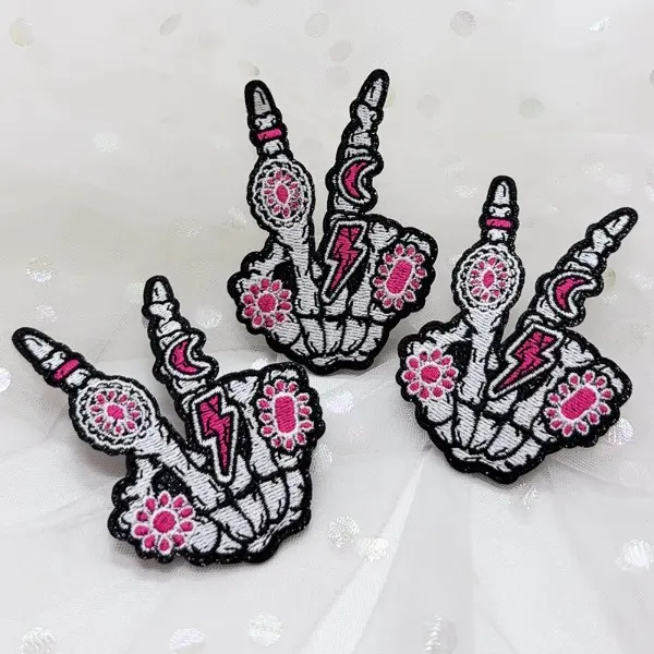 3-Pack Embroidered Pastel Gothic Cotton Blend Iron-On Patches - Skull Peace Gesture, Pink Gemstone Lightning, Cute Gothic Style for Clothing Decor, Sewing Projects