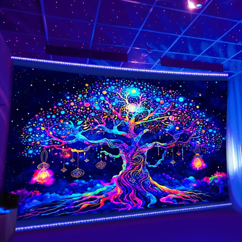 1-Piece Fluorescent Tree of Life Tapestry - UV Reactive Polyester Wall Hanging, Custom Printable Witchy Whimsical Home Decor for Living Room Dorm, Spooky Skeleton Fan Gift (Extra Day Processing Option) Room Cool Stuff, Living Room Decor, Witchy Decor