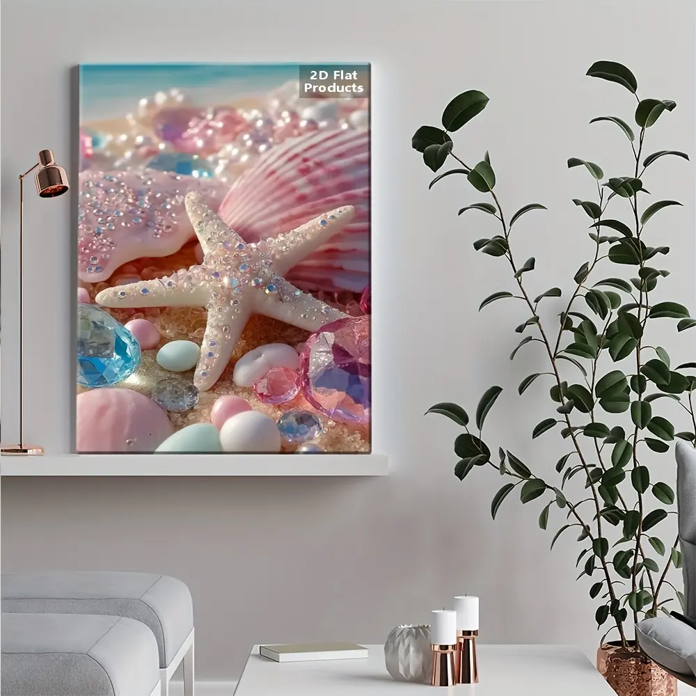 Retro Coastal Framed Canvas Painting - 2D Multi-Size Colorful Style Shell Print, Pink & White Shells, Starfish, Shiny Gemstones, Soft Pastel Turquoise Waves, Indoor/Outdoor Home Inspo Decoration, Ideal for Living Room, Father's Day/Valentine's Day Gift