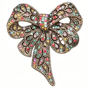 Antique Gold Bow Brooch Multicolor Pave Stones Unisex Accessories for Blazers Coats Perfect Gift