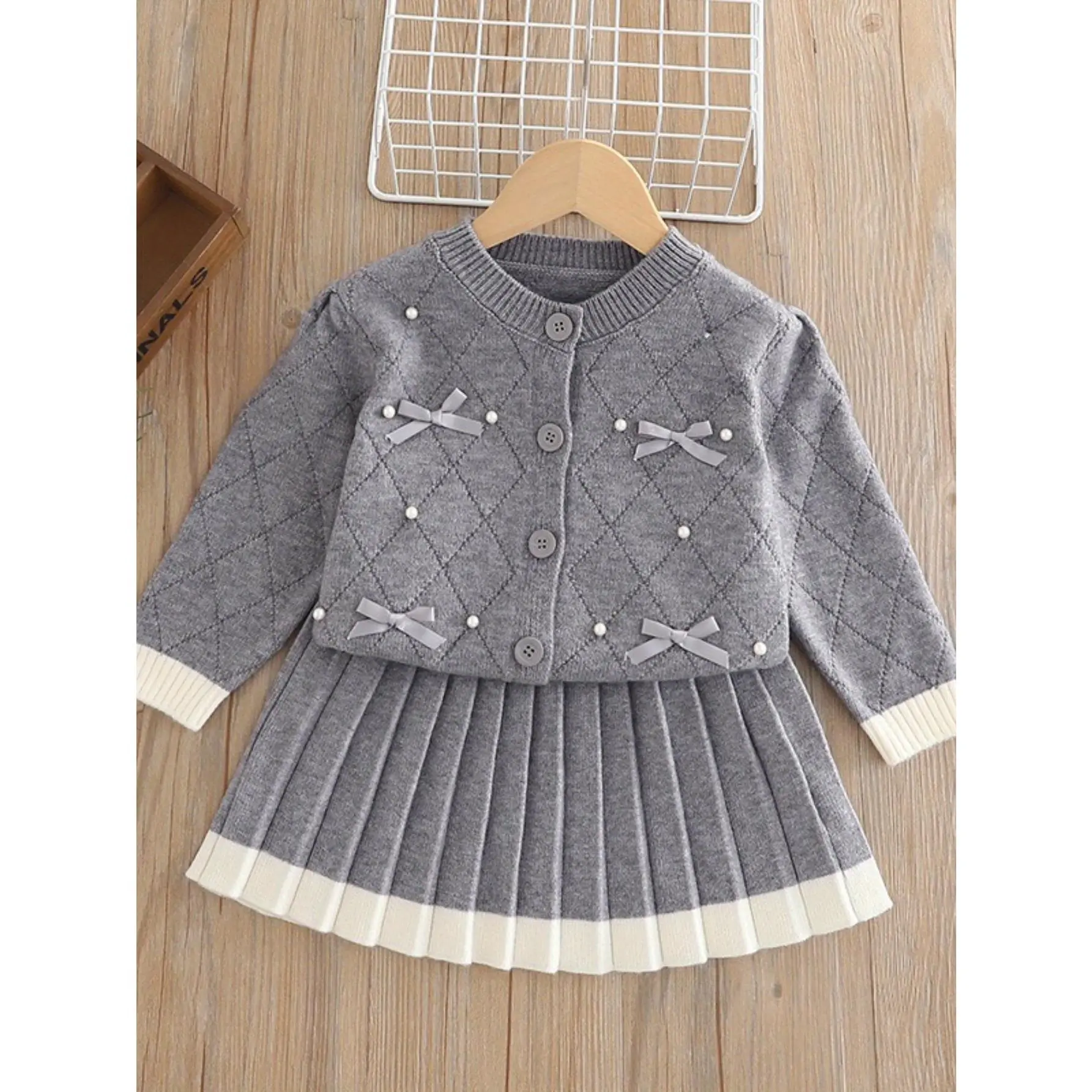 Back-To-School Season Little Girls' Preppy Style Dress Set Fall/Winter 2025 New Top And Skirt Bow Knit 2pcs Set-DY