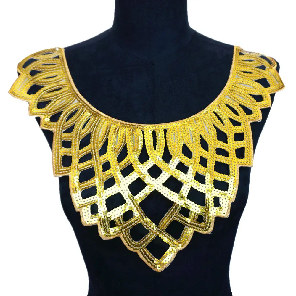 Gold Silver Sequin Fabric Collar Embroidered Gown Appliques Trims Baroque Iron Sew On Patch For Wedding Decoration Dress DIY