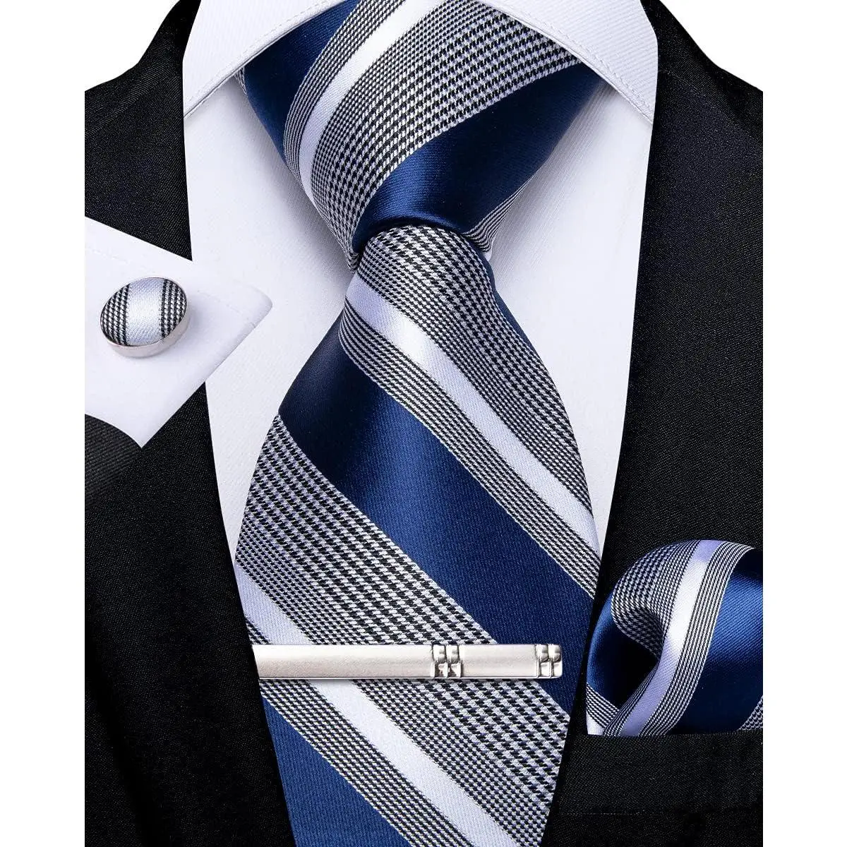 Mens Striped Tie Silk Woven Necktie and Pocket Square Cufflinks Tie Clip Set Wedding Business Formal Gift Tie for Men