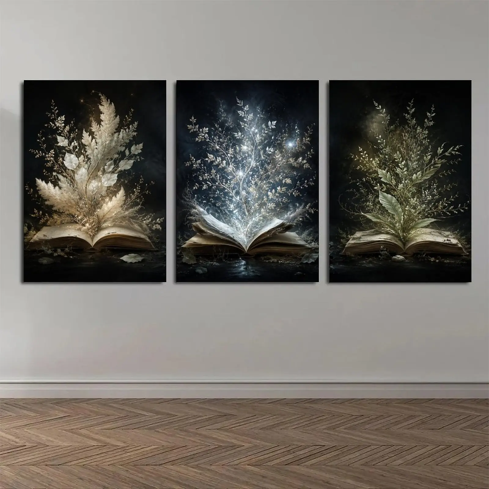 3Pcs Magical Vintage Open Book Botanical Canvas Decor Poster Prints, Glowing Light Floral Leaf Magic Book Wall Art, Dark Academia Bedroom Study Library Office Aesthetic Decor, Available as Unframed Canvas Poster or Framed Canvas Wrap