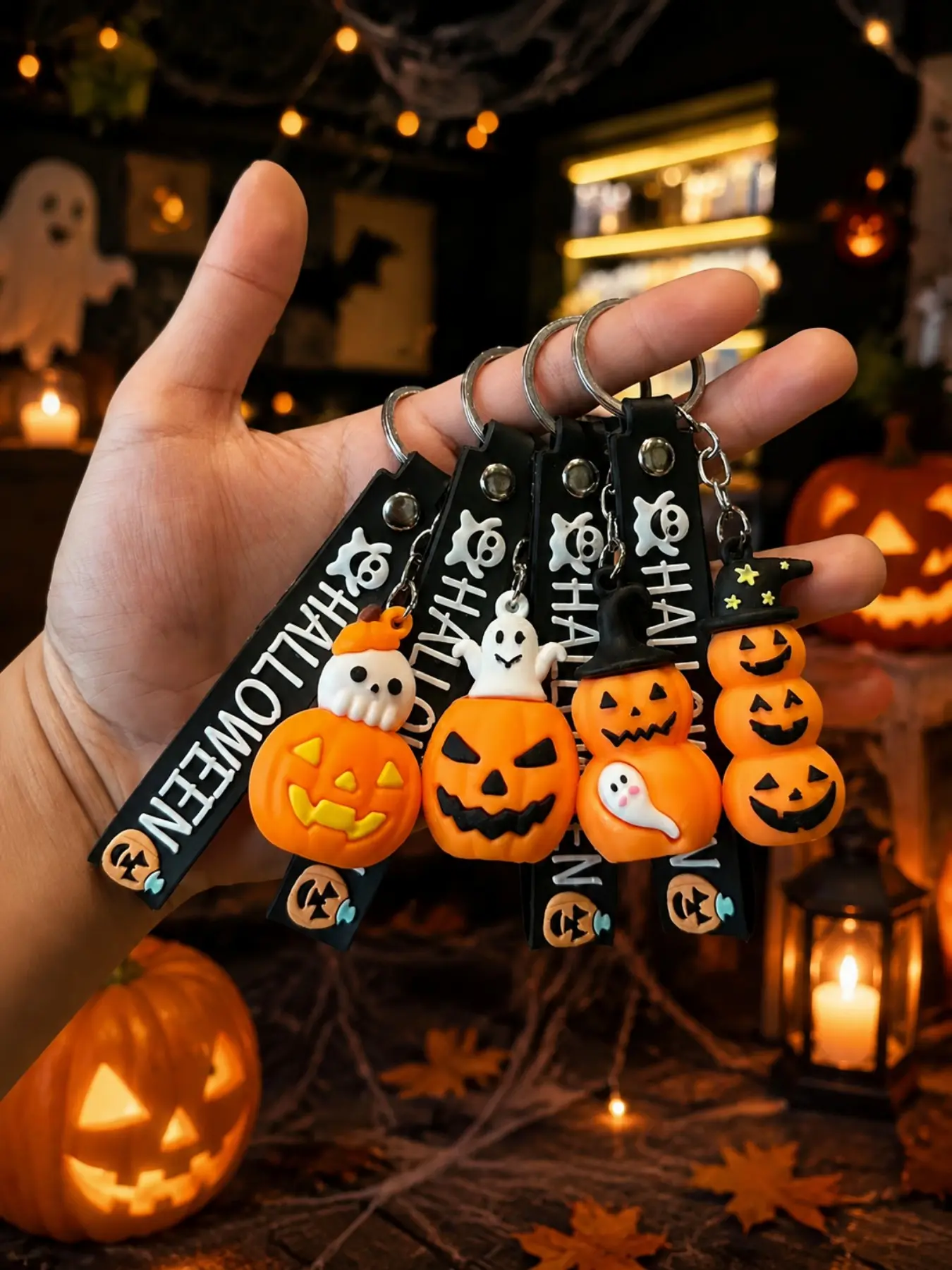 Halloween Pumpkin Keychain Bag Charm Cute Spooky Pendant Funny Ghost Doll Backpack Purse Accessories