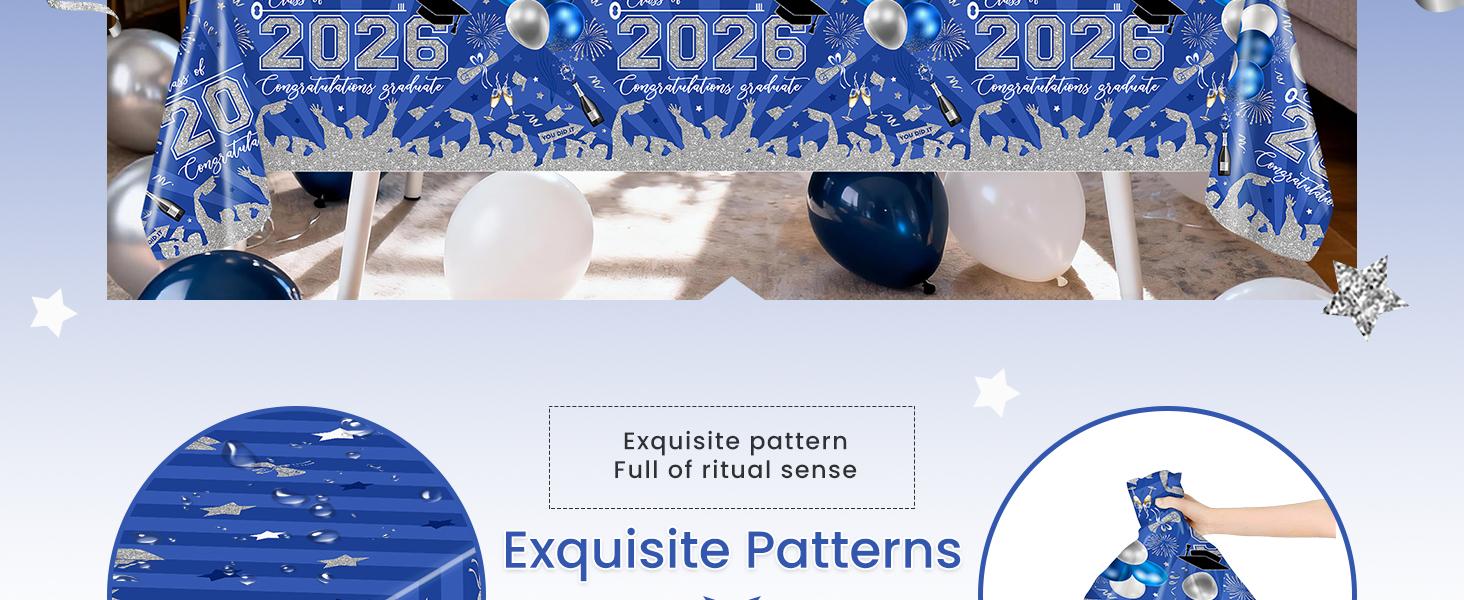 3 pcs Graduation Tablecloths 108x54 inch Graduation Table Cloths Class of 2026 Blue and Silver Tablecover Decorations Grad Plastic Tablecloth