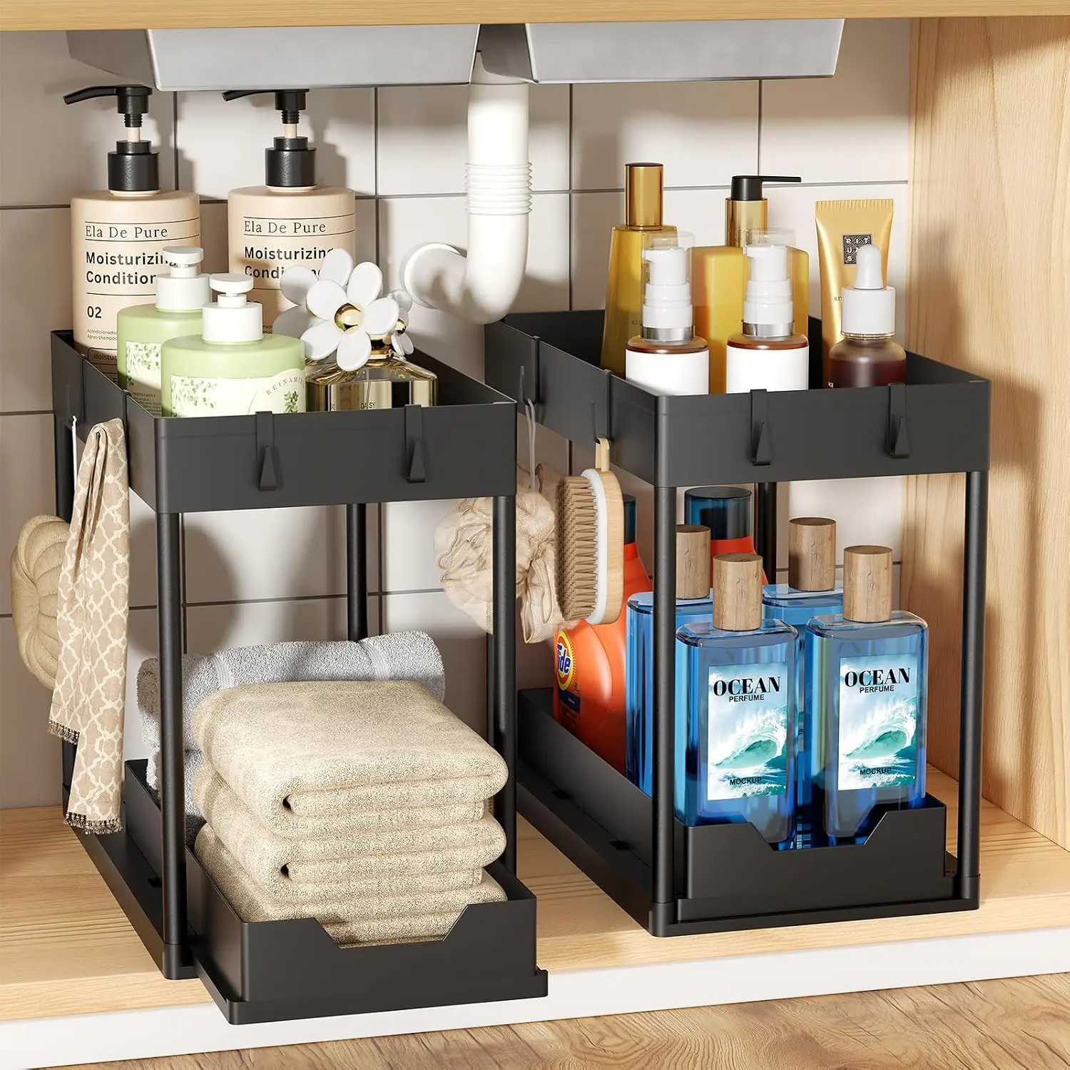 2 Pack 2-Tier Under Sink Organizers with Sliding Drawer, Black | 2 Pack 2-Tier Under Sink Organizers | Sliding Drawer | Sturdy Metal Frame | Tool-Free Assembly | Space Saving | Black