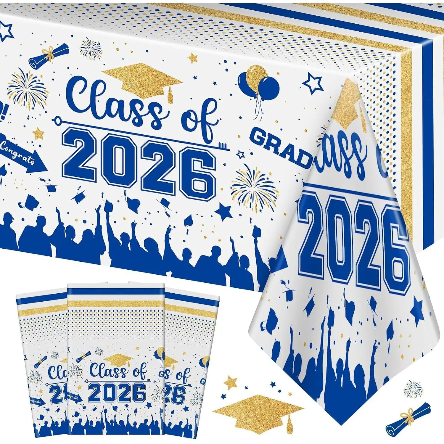 Class of 2026 Graduation Tablecloth - 3 Pcs Plastic Congrats Grad Table Cover for Graduation Party Decorations 2026, 54"x108" (Blue and Gold)Gift