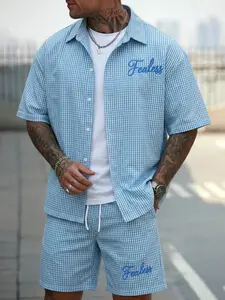 Men's Blue & White Gingham 2-Piece Outfit, Lapel Short Sleeve Button-Up Shirt + Drawstring Waist Shorts, Crafted From Lightweight, Breathable & Skin-Friendly Fabric. One Outfit For Multiple Occasions, Perfect For Gym Training, Daily Commute, Beach Getaway