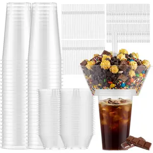 50 Sets Snack and Drink Cup Disposable Plastic Cup with Snack Bowl on Top Includes 50 Cups 50 Bowls 50 Straws 100 Forks for Party Stadium Patron and Movie Night