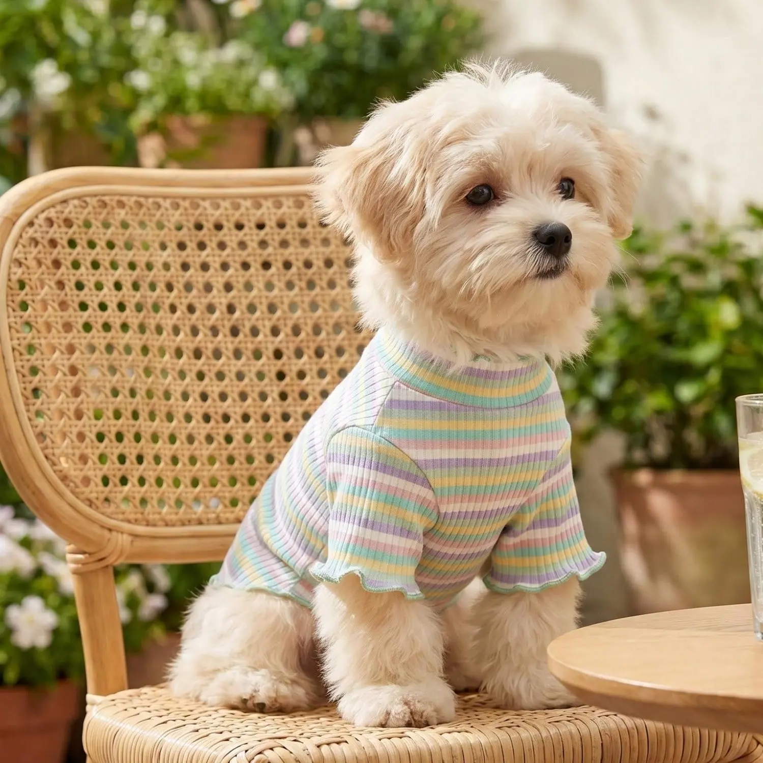 1pc Rainbow Striped Ruffle Trim Ribbed Pet T‑Shirt, Breathable Elastic Daily Clothes For Teddy Bichon Yorkshire Small Pets