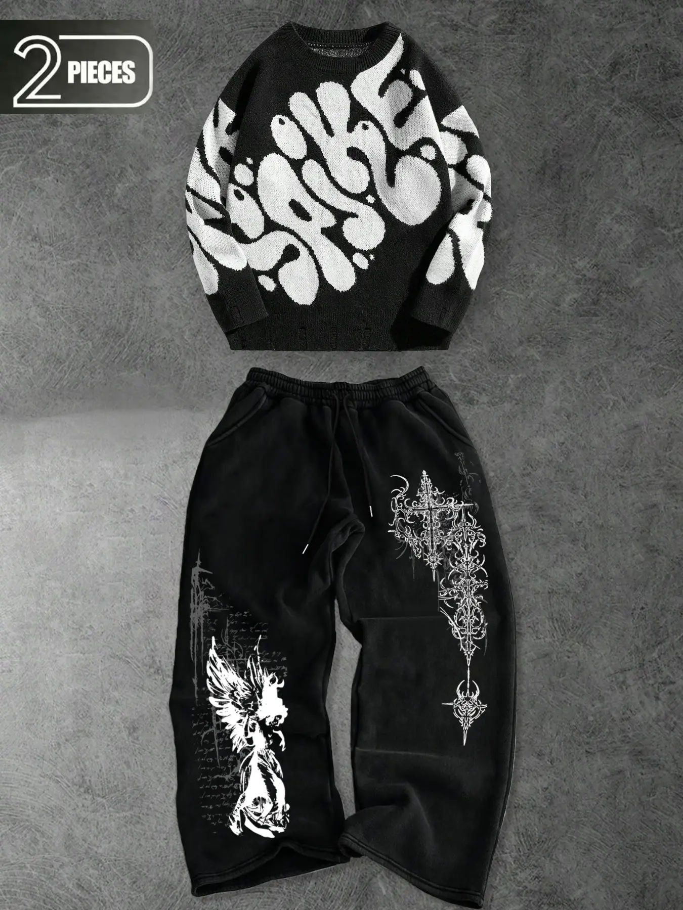 Men's Sweater and Pants Set, Fashion Irregular Letter Pattern Knit Sweater + Angel Print Loose Long Pants, Y2K Dark Street Style