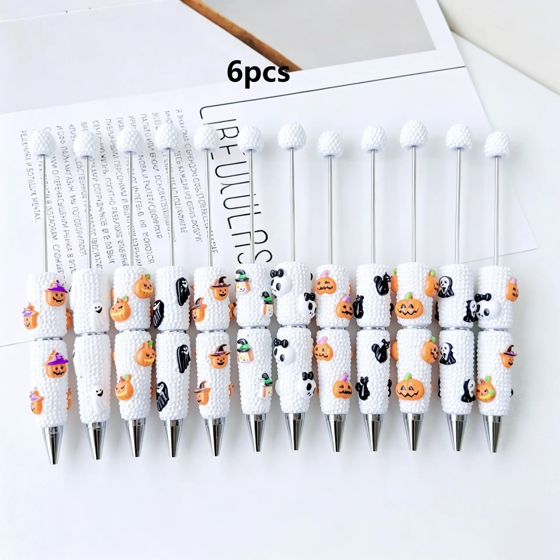 6-Pack DIY Fluorescent Bead Pens, Ink, Creative Halloween Gift Ballpoint Pens, Elegant Pumpkin Head Design, Office Essentials, Beaded Pens, Aesthetic Pens, Unique Pens