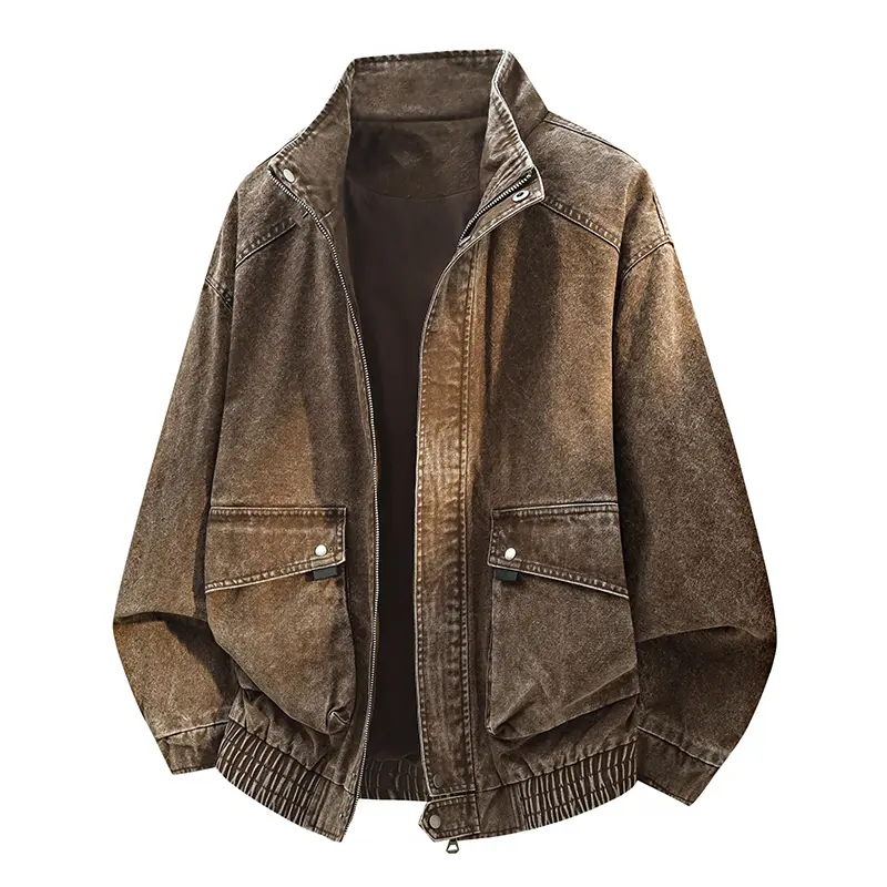 Men's Vintage Washed Denim Bomber Jacket Stand Collar Cargo Flap Pocket Coat Oversized Casual Streetwear Outerwear Top cozy soft cool clean chic active sporty premium classic stylish durable trendy relaxed comfy modern vibe urban casual hype Multi-Color
