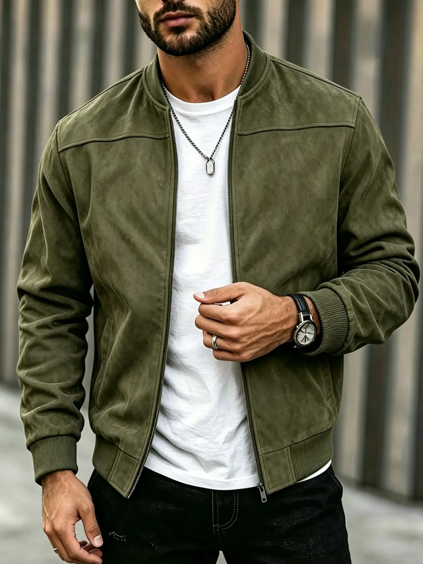 Men's Faux Suede Bomber Jacket, Ribbed Stand Collar Full Zip Up Lightweight Wind Resistant Baseball Coat, Vintage Streetwear Outerwear For Spring Autumn Daily Travel