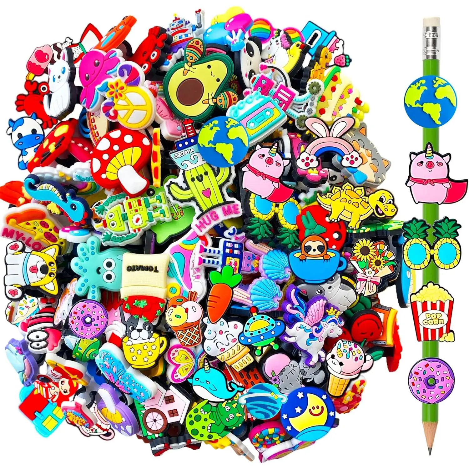 100 Pcs High Quality PVC Cute Pencil Clip Charms - 7-12 mm Mixed Style Pen Toppers, Bulk Accessories with Planets/Transportation/Animals Themes, Student Gifts, Birthday Gifts, 100 Pieces, Class Awards